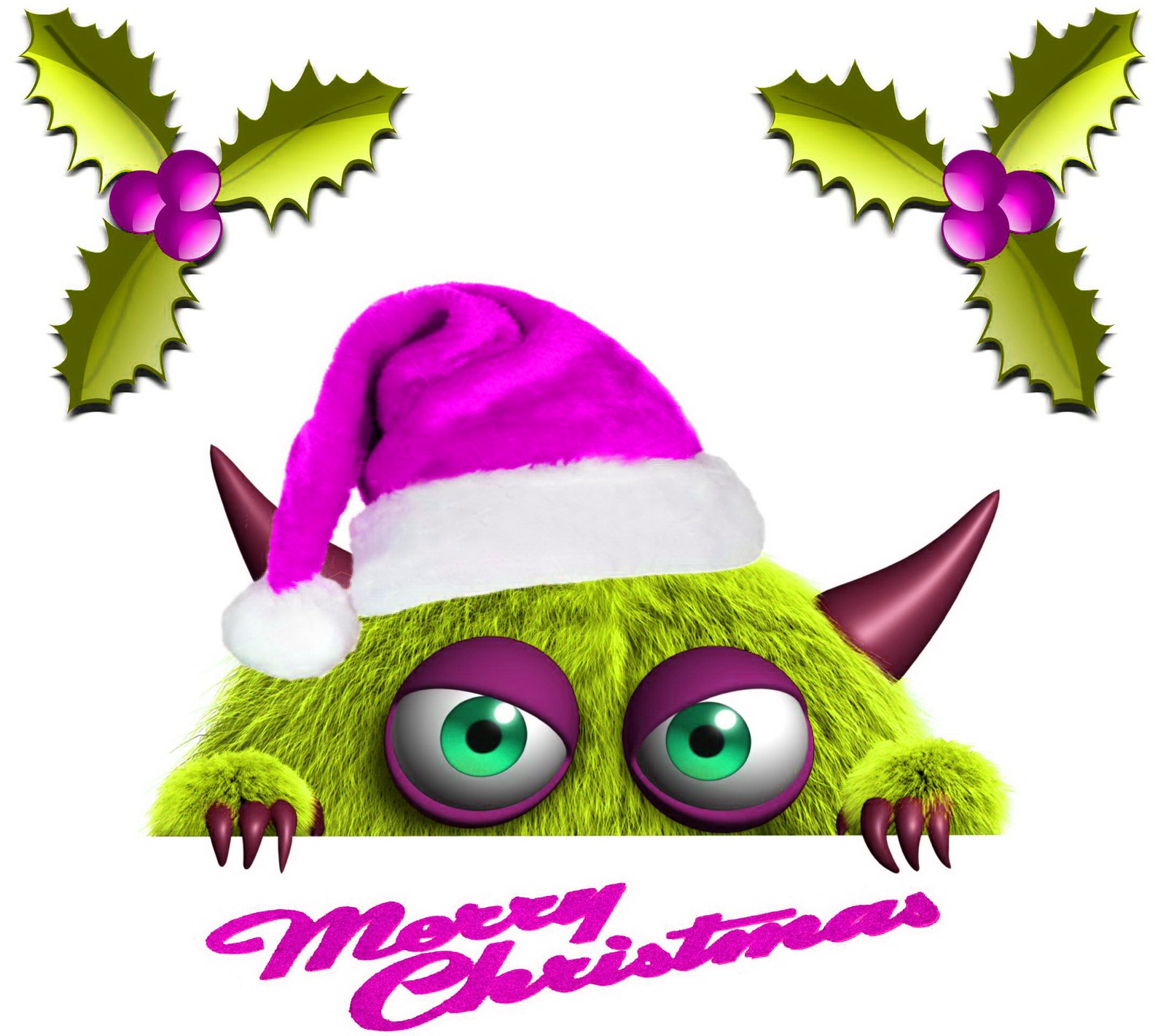 Um close de um monstro verde com um chapéu de papai noel (natal, colorful 3 d monster, legal fofo, pink green)