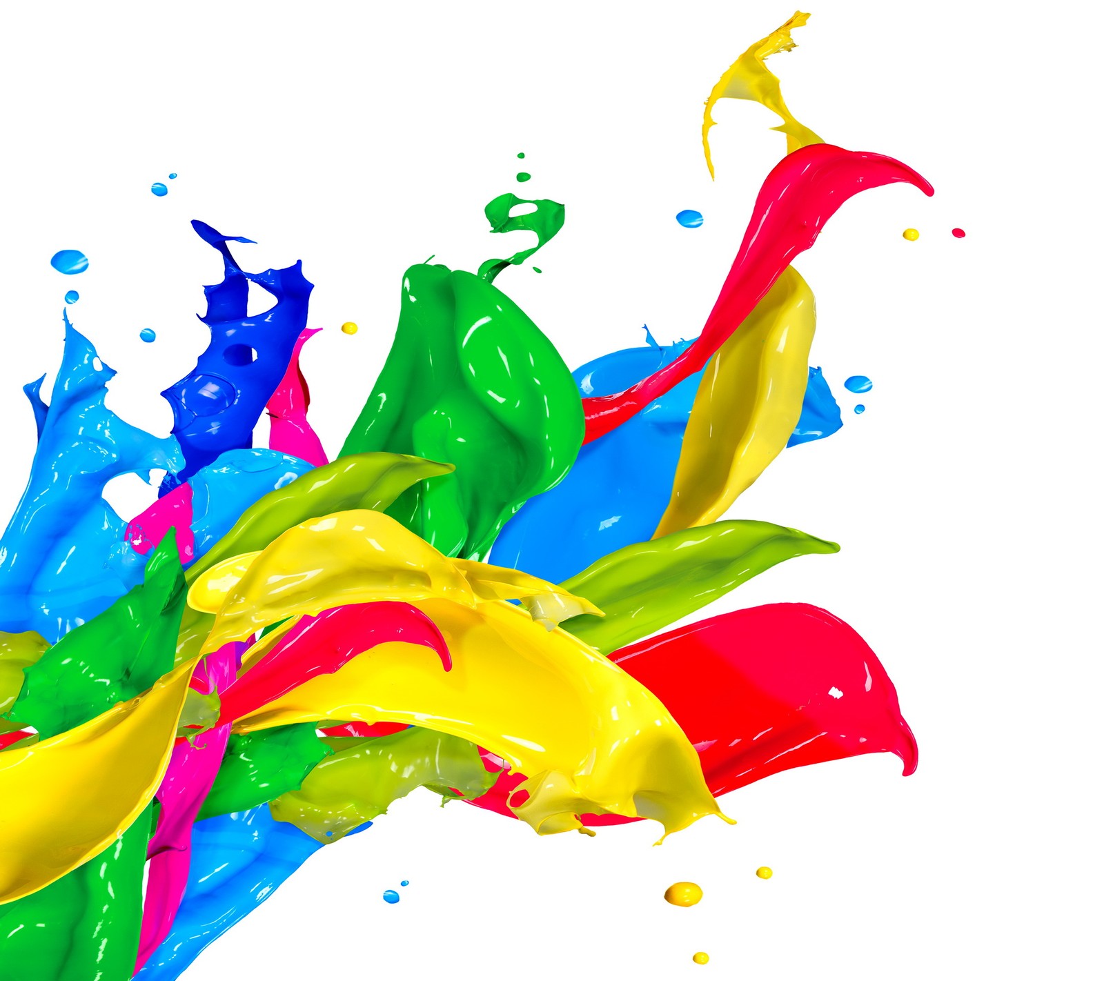 Brightly colored paint splashing on a white surface with a white background (acrylic, colors, drops, paint, splash)