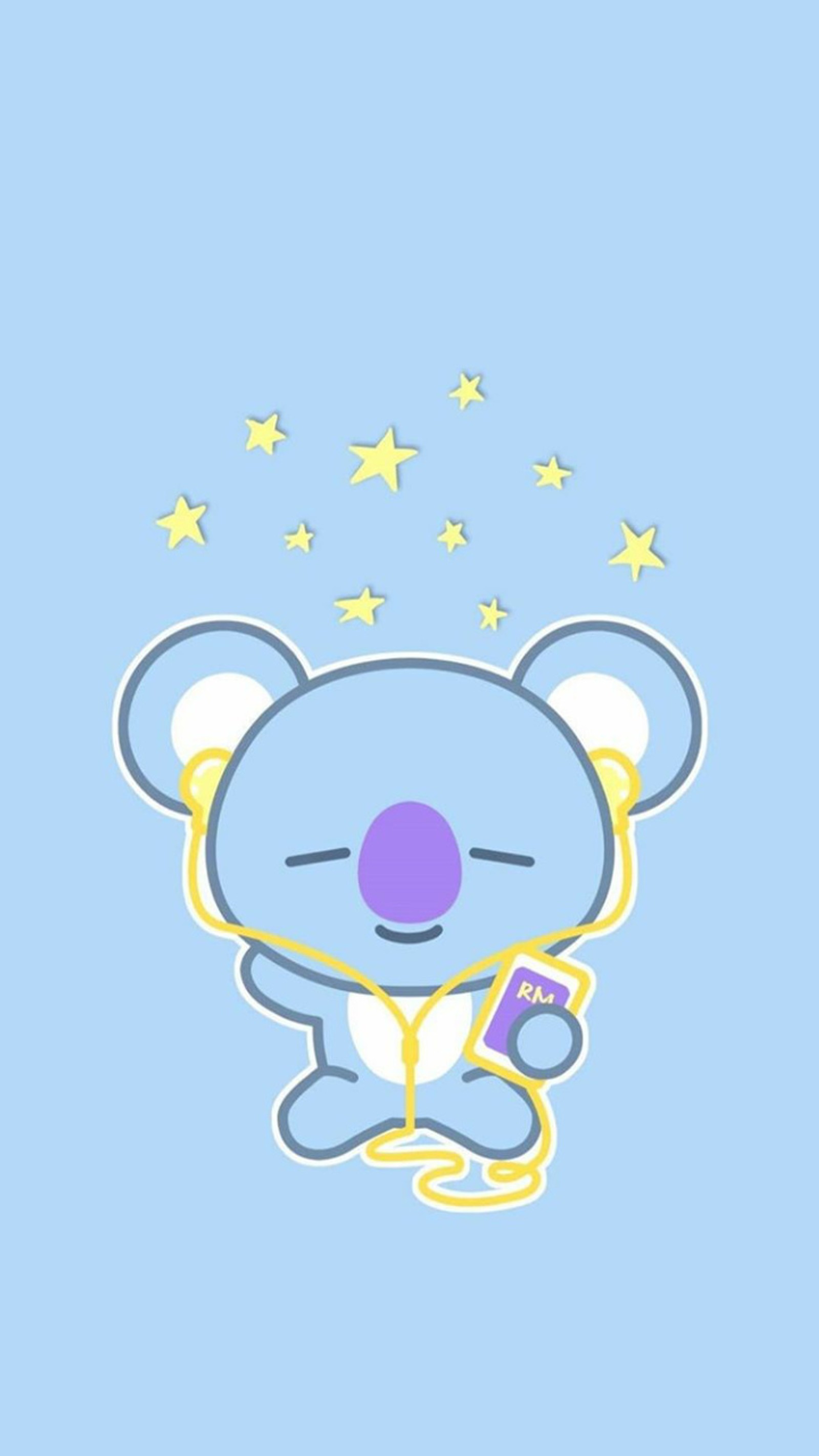 Un primer plano de un koala de dibujos animados sosteniendo un teléfono celular (bt21, bts, k pop)