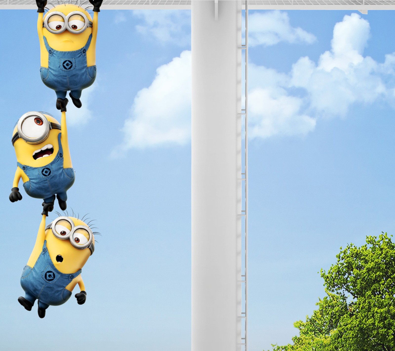 There are three minions hanging from a pole in the sky (despicable me 2, minions)