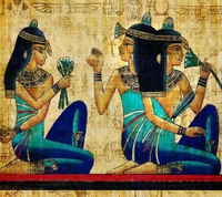 Ancient Egyptian Women in Traditional Attire Engaging in Conversation