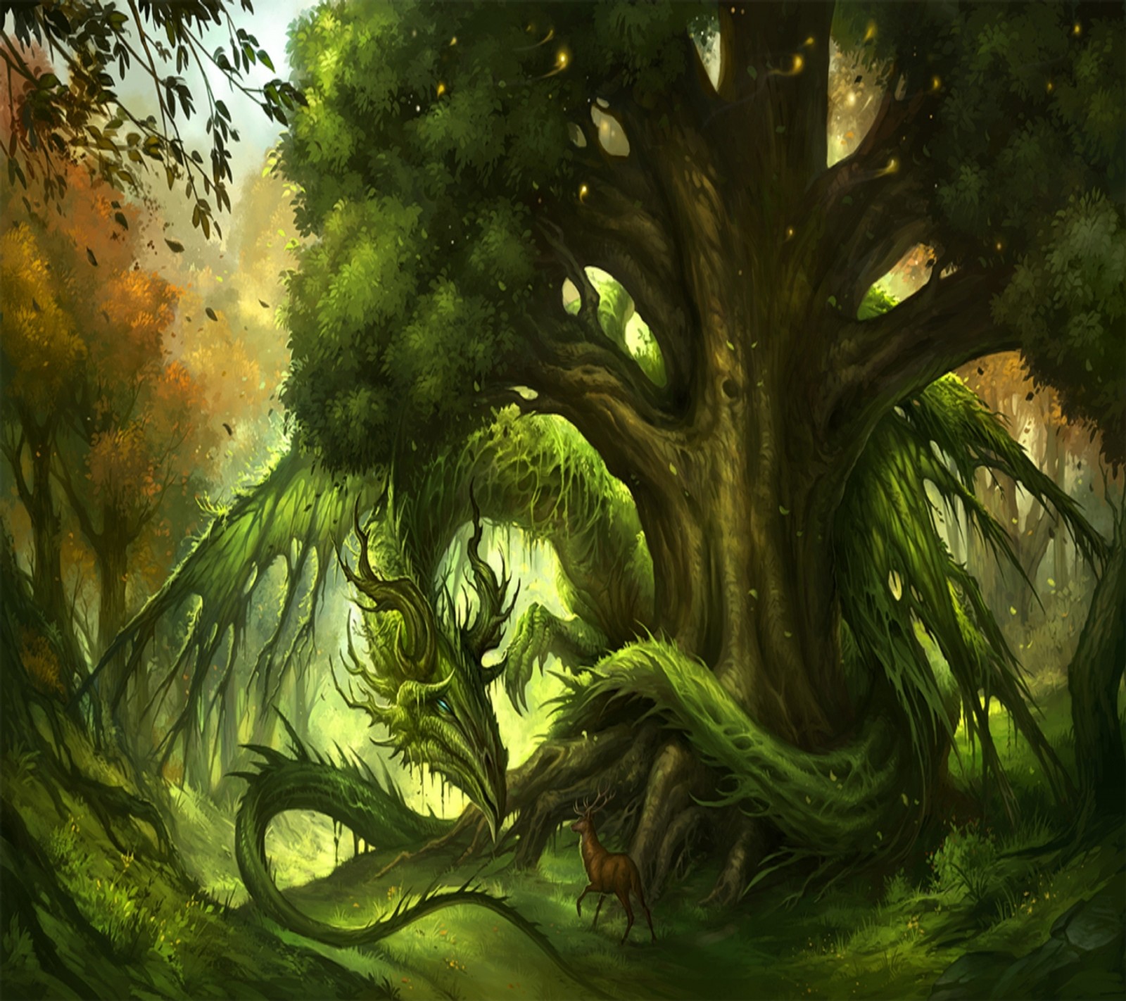 A painting of a dragon in a forest with a tree (cartoon, dragon, fantasy, green)