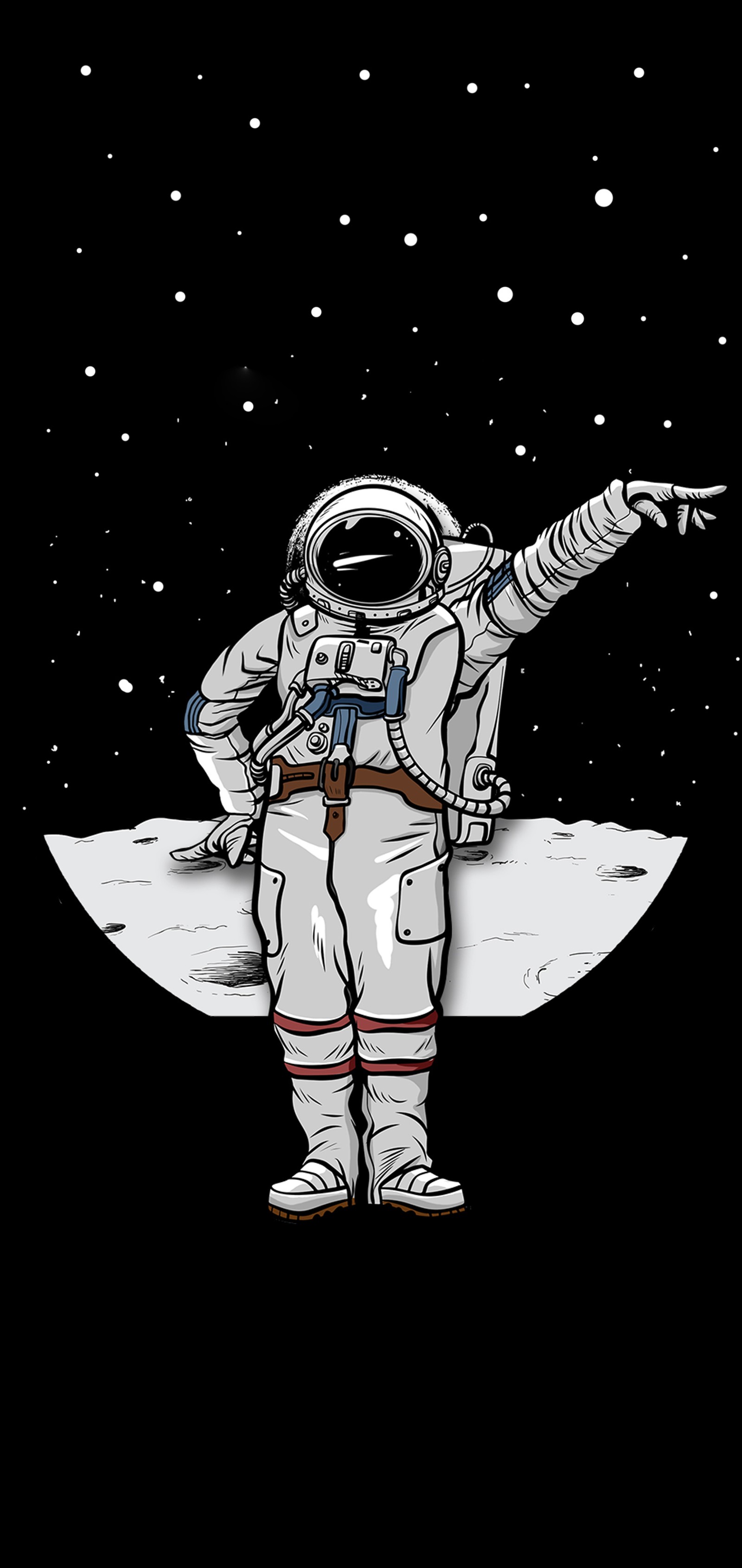 Astronaut pointing at the moon with his hand (apple, astronaut, black, iphone, minimal)