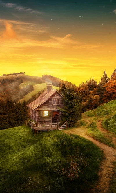 Charmante maison au milieu d'un paysage de coucher de soleil à couper le souffle