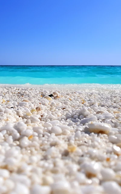 Aguas azules serenas y costa de guijarros de Tasos, Grecia - 2019