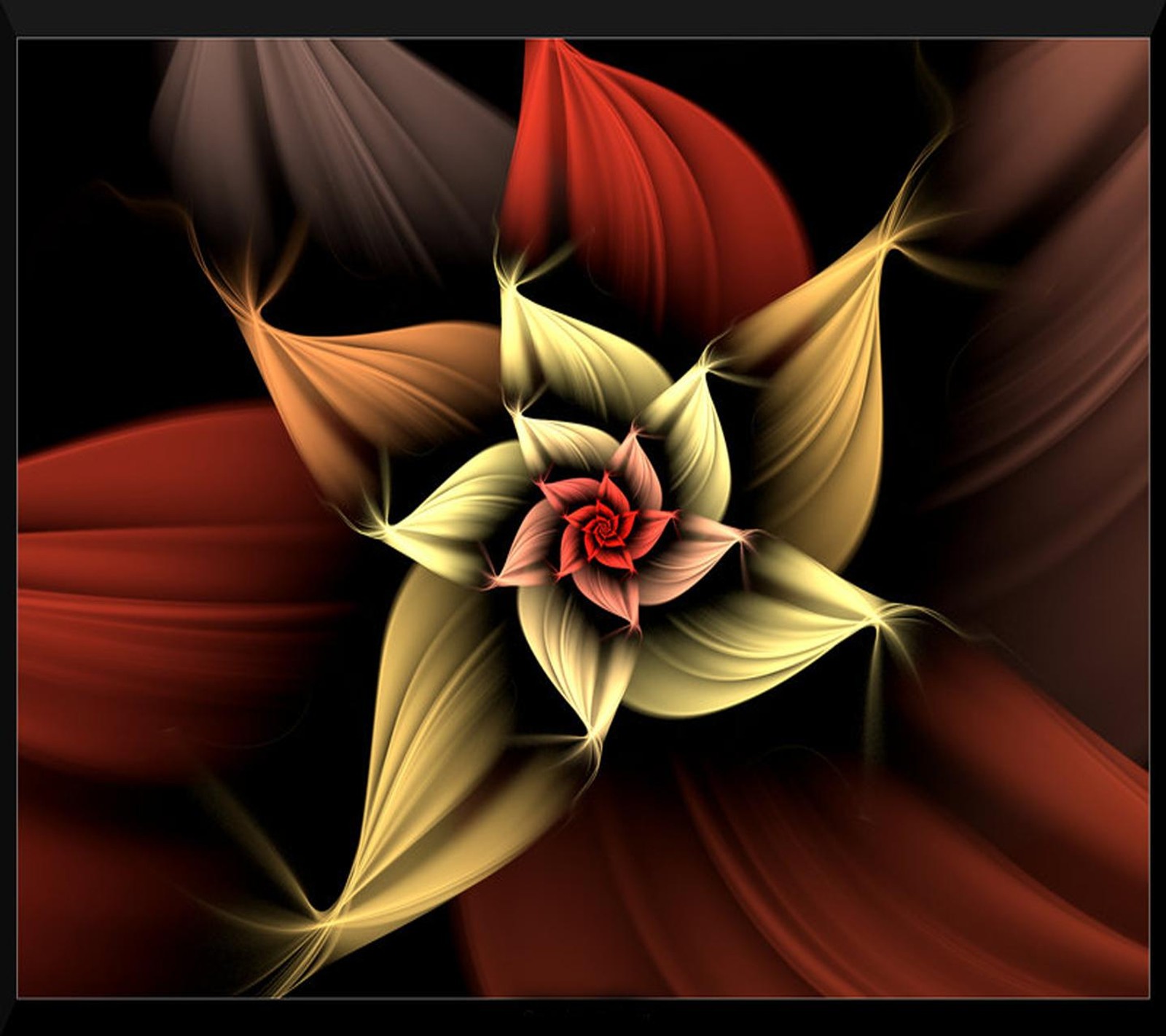 Um close de uma flor com um centro vermelho cercado por folhas marrons e amarelas (abstrato, flor)