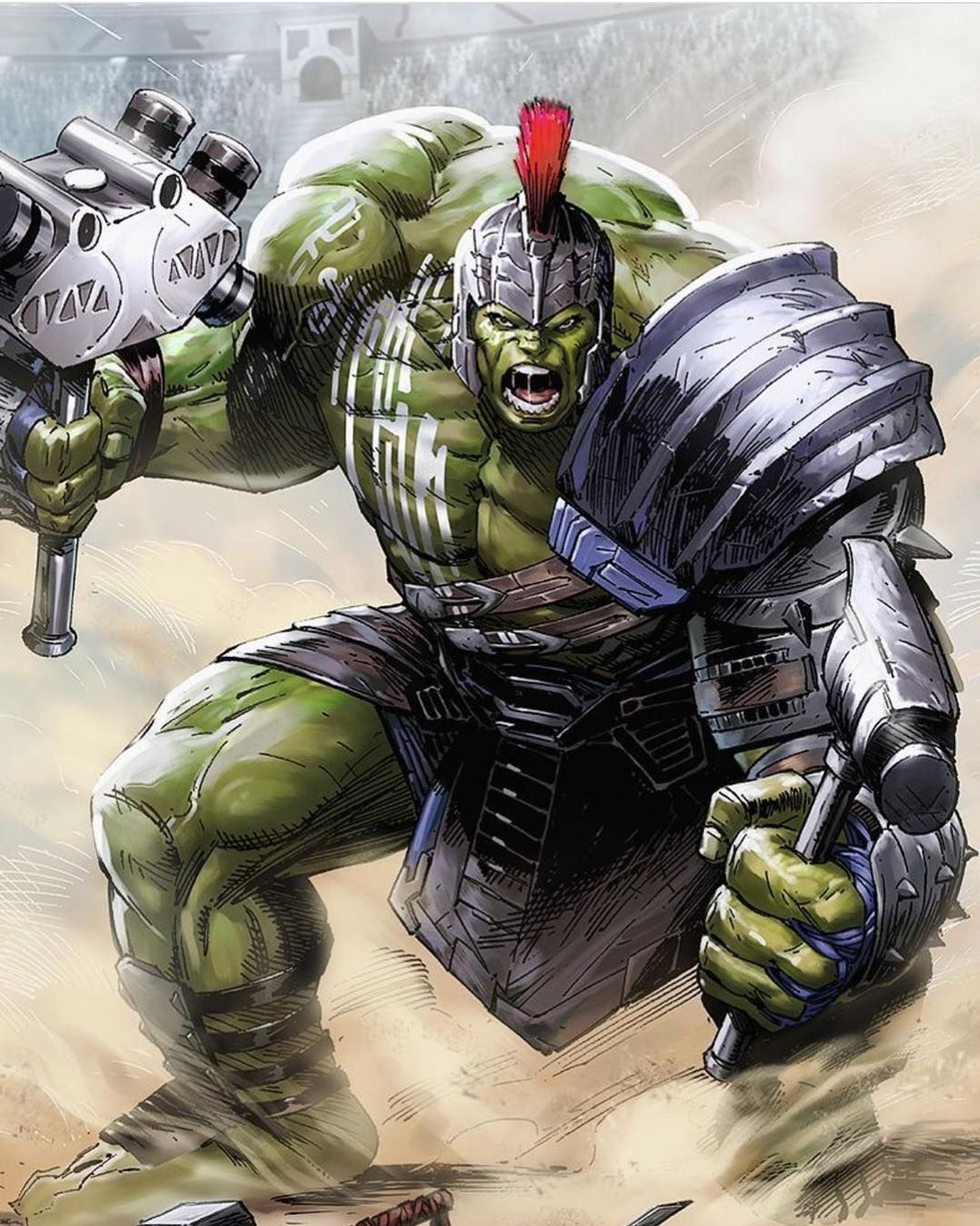 Hulk in rüstung mit einer waffe und einem helm (avengers, die rächer versammeln, hulk, marvel, marvel comics)