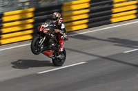 Motorcycle Racer Performing a Wheelie on a Race Track