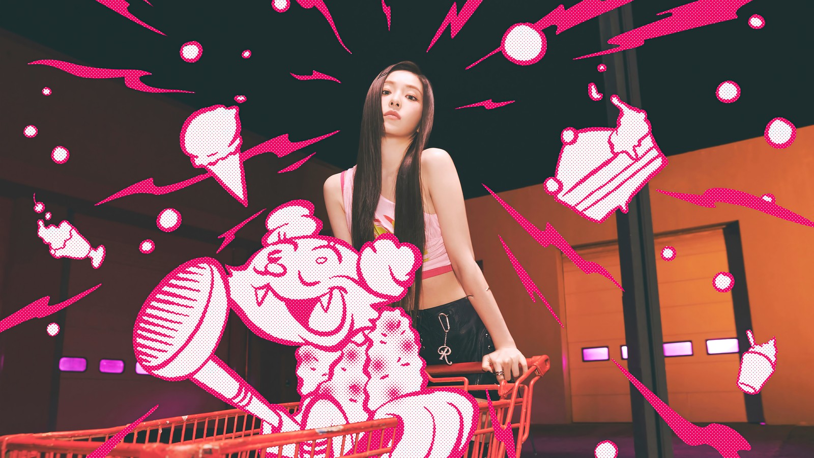 Una mujer de pie en un carrito de compras con un dibujo de caricatura (irene, 아이린, bae joo hyun, bae ju hyun, 배주현)