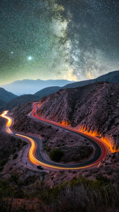 Serene Mountain Road Under a Starry Sky