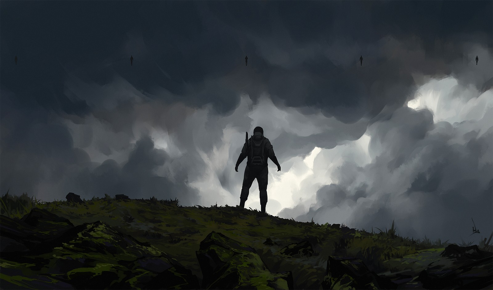 There is a man standing on a hill with a bat in his hand (cloud, atmosphere, darkness, tree, landscape)