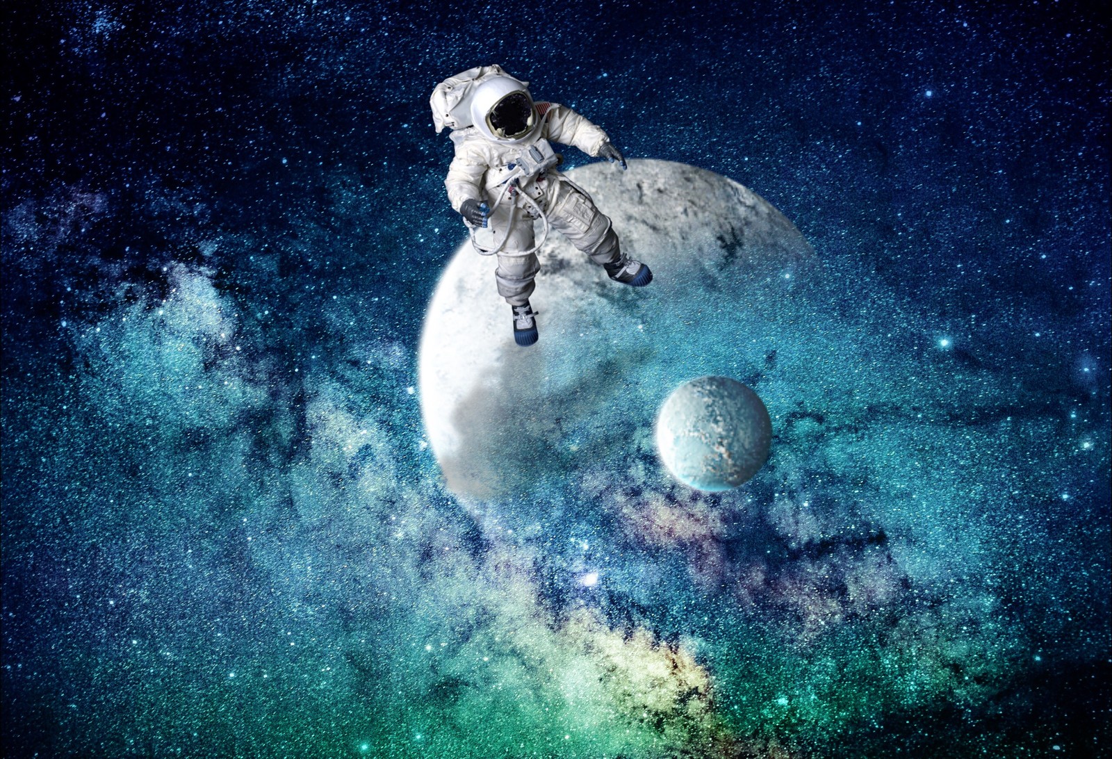 An astronaut is floating in the air over a planet (milky way, star, outer space, space, atmosphere)