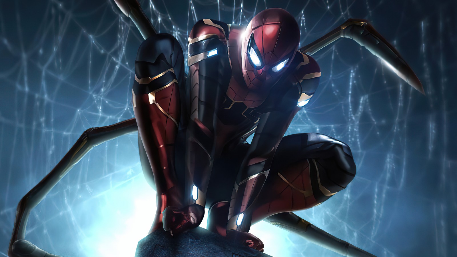 Homem-aranha em um traje de aranha sentado em uma rocha (spider man, iron spider armor, vingadores ultimato, avengers endgame, filme)