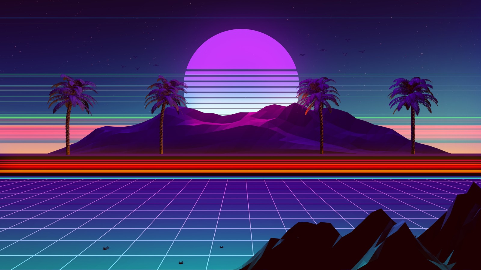 Uma paisagem retrô dos anos 80 com palmeiras e montanhas (retrowave, synthwave, vaporwave, cenário, montanha)