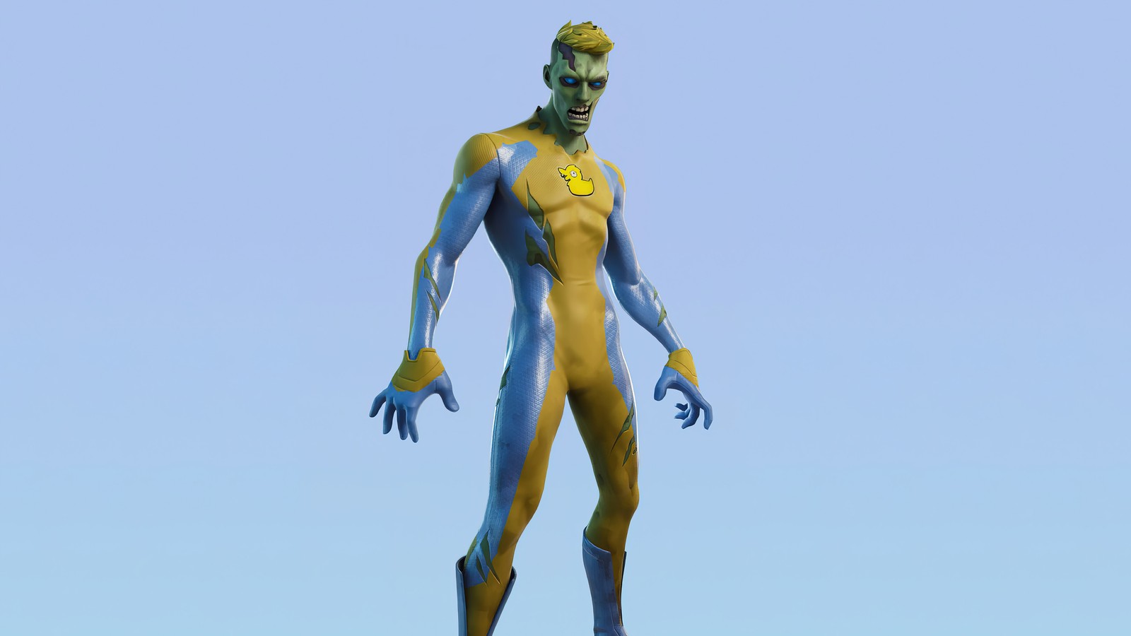 A close up of a person in a body suit with a yellow and blue design (wanderlost, fortnite, battle royale, video game, epic skin outfit)