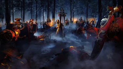 Escena de batalla épica en Total War: Warhammer III con Kostaltyn