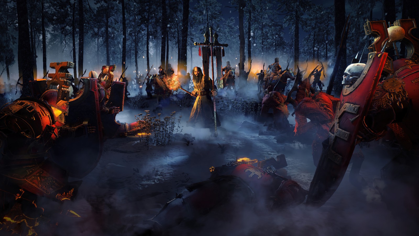 A group of people in armor standing around a fire pit (total warhammer iii, video game, total warhammer 3, kostaltyn)