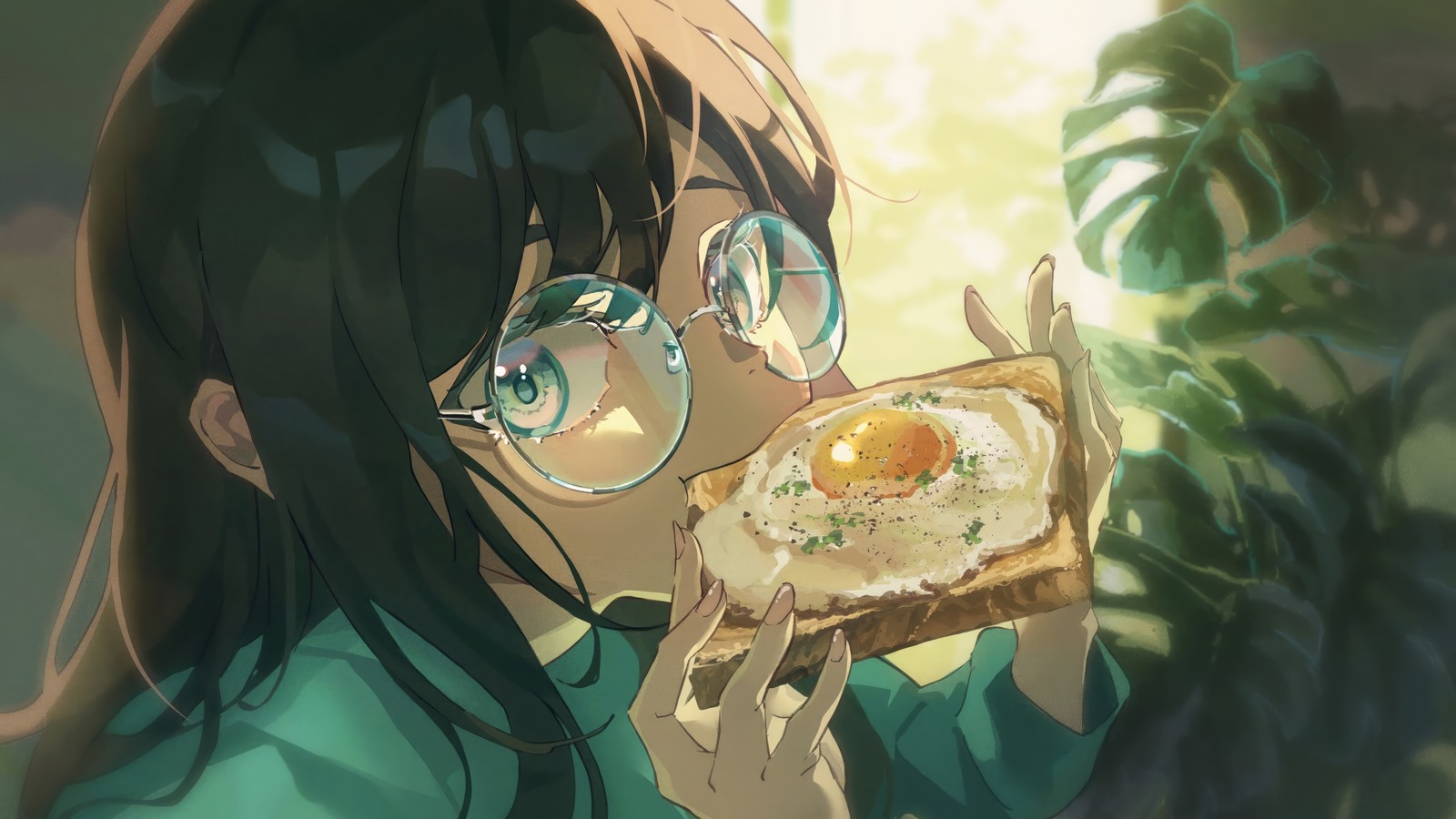 Fille anime mangeant un morceau de pain avec un œuf dessus (filles danime, lunettes, petit déjeuner, sunny side up sandwich)