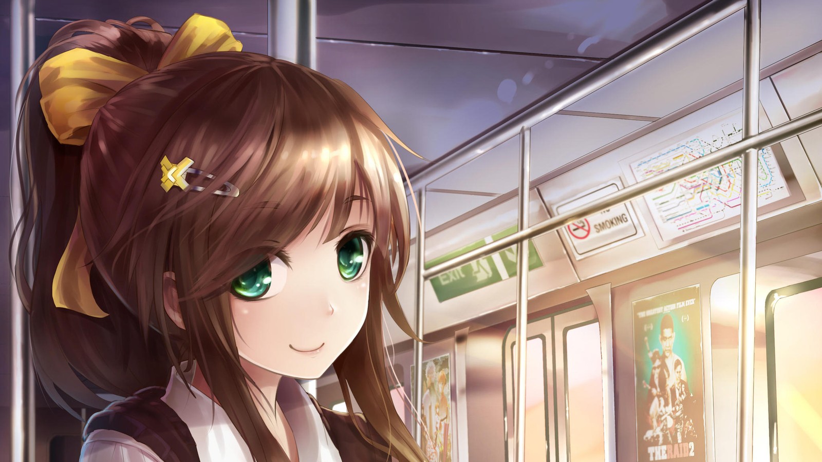 Chica de anime con cabello largo y marrón y ojos verdes en el metro (anime, cabello, rostro, caricatura, peinado)