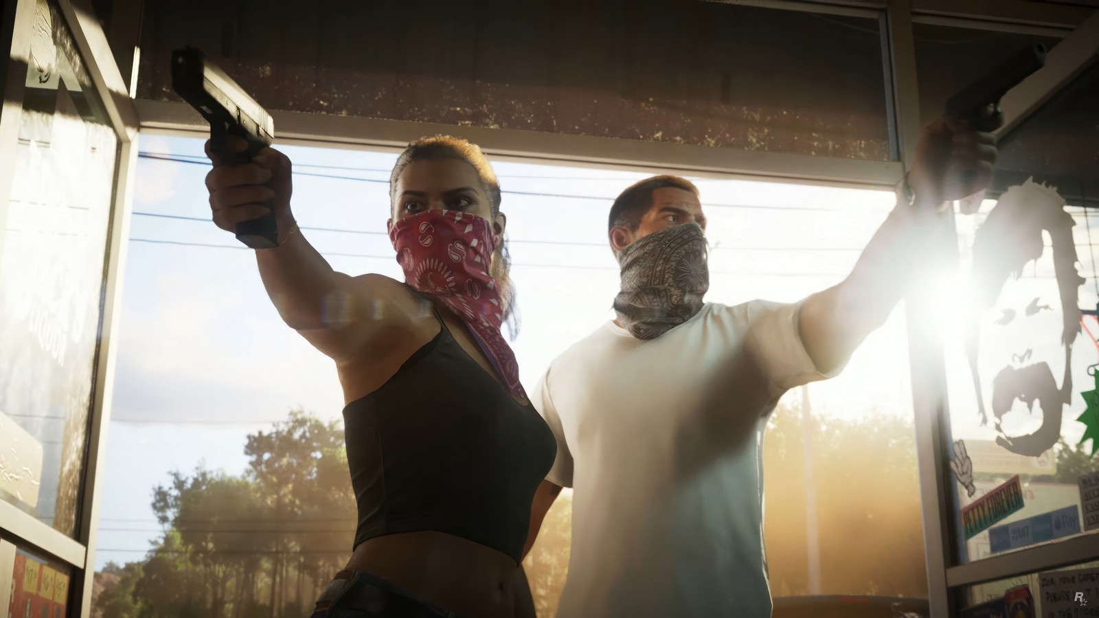 There are two people standing in front of a window with guns (grand theft auto 6, video game, gta 6, gta vi, lucia)