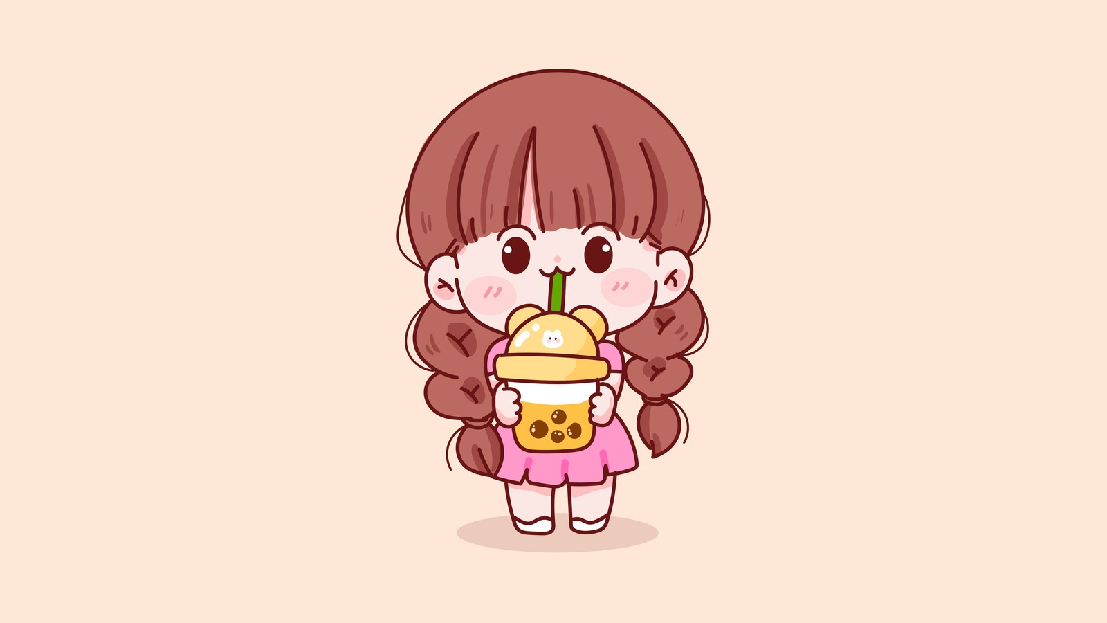 Una chica sosteniendo un sándwich y una bebida en su mano (niño lindo, chica linda, chica kawaii, caricatura, té de burbujas)