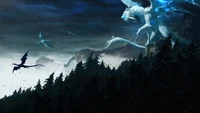 Majestuoso dragón blanco desata relámpagos en medio de un paisaje de fantasía tormentoso.