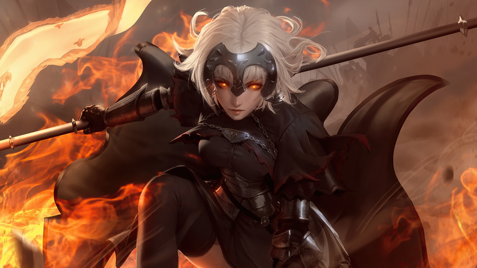 Une femme en tenue noire tenant une épée et du feu (jeanne darc, jeanne d arc, alter, fategrand order, fate grand order)