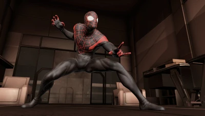 Miles Morales as Spider-Man in an action pose, showcasing his animated costume and muscular physique against a dark, urban backdrop.