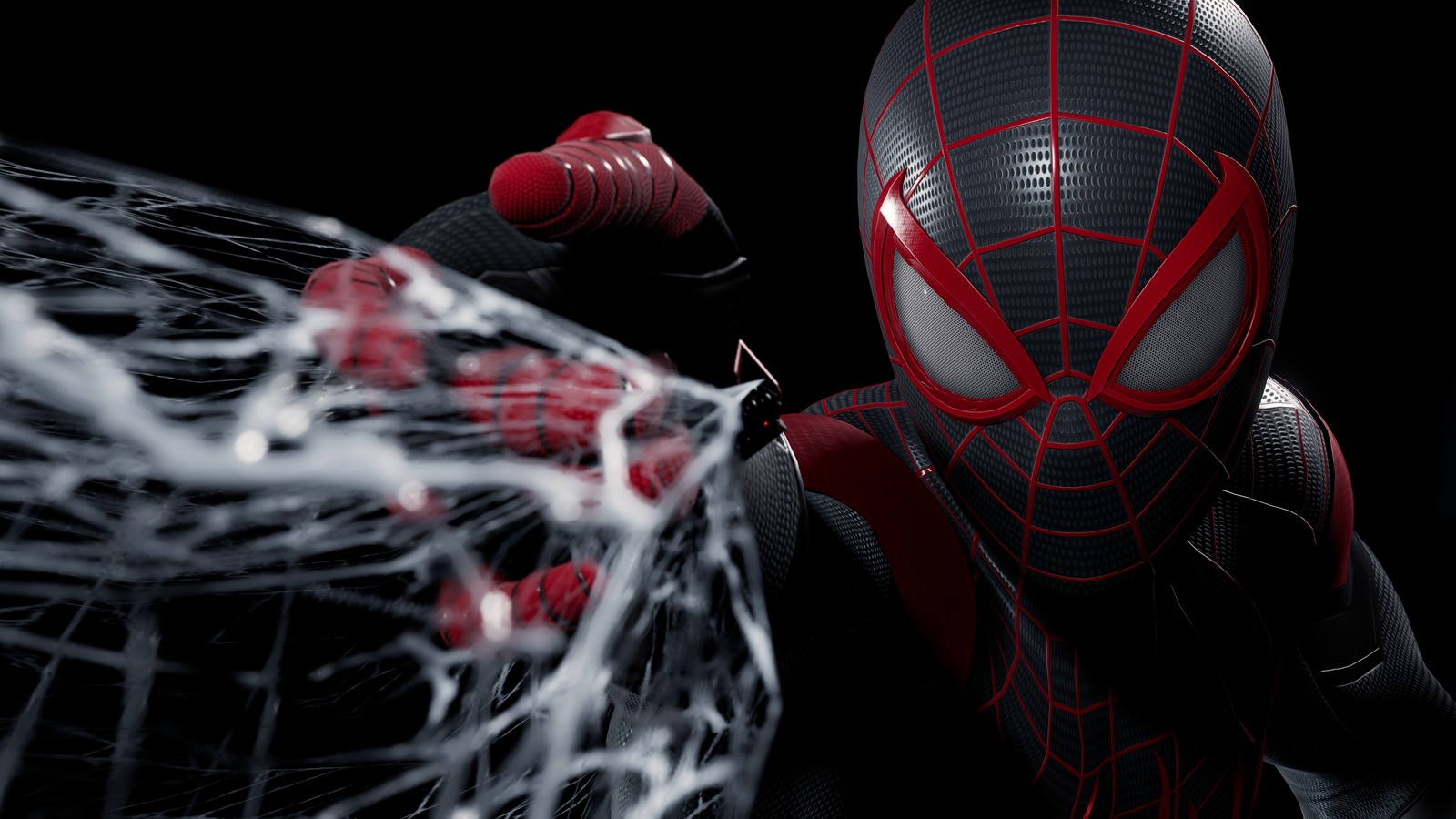 Homme araignée dans un costume noir avec des accents rouges et une toile d'araignée (marvels spider man miles morales, 5k, spiderman, jeux, fond décran 4k)