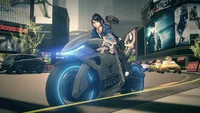 Akira Howard em Astral Chain pilotando uma motocicleta policial futurista