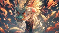 Portrait fantastique d'une fille d'anime chinoise avec un dragon en flammes