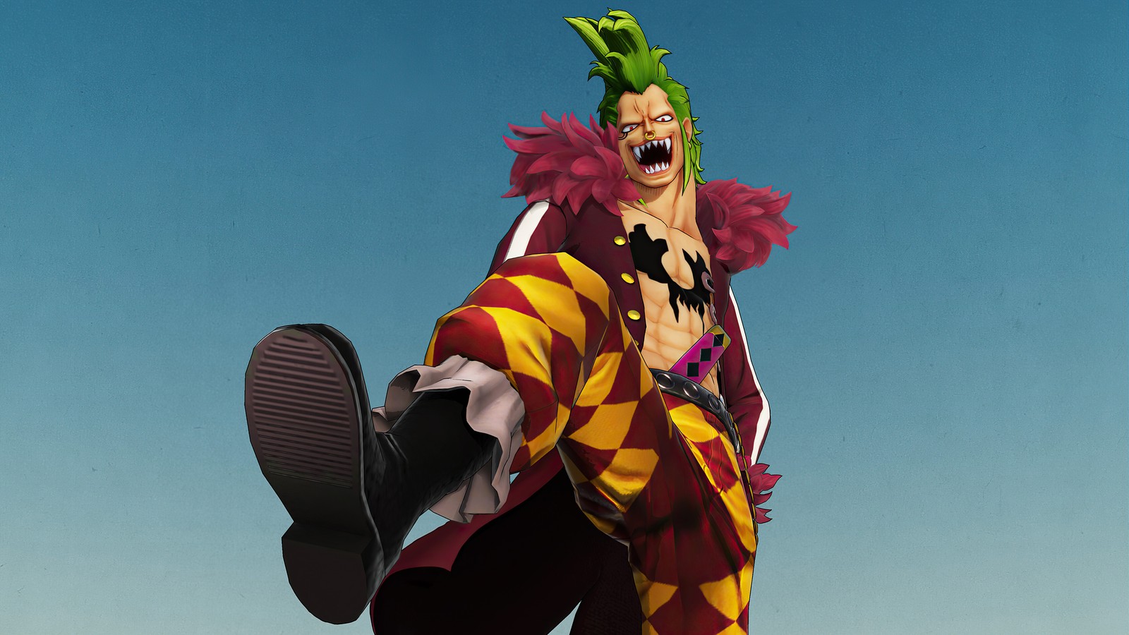 Personaje de anime con cabello verde y pantalones rojos saltando en el aire (bartolomeo, one piece pirate warriors 4, videojuego)