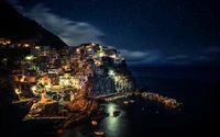 Manarola la nuit : un paysage maritime époustouflant sous un ciel étoilé avec des bateaux et des effets de longue exposition.