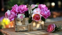 Elegant Pink Rose Bouquet in a Rustic Basket