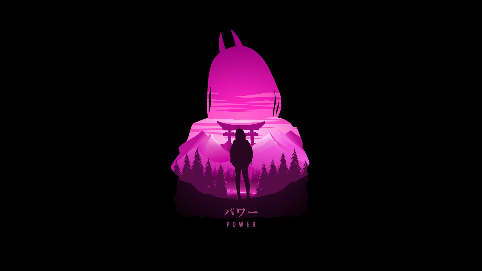 A dark background with a silhouette of a person standing in front of a pink light (power, blood fiend, chainsaw man, minimal art, amoled)