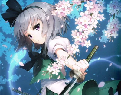 Une fille déterminée avec de longs cheveux argentés et une coupe hime tient un katana, entourée de fleurs de cerisier en fleurs contre un ciel vibrant, incarnant un mélange d'esthétique anime et manga.