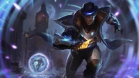 Dynamische Actionfigur eines League of Legends Charakters in einer dunklen, futuristischen Umgebung