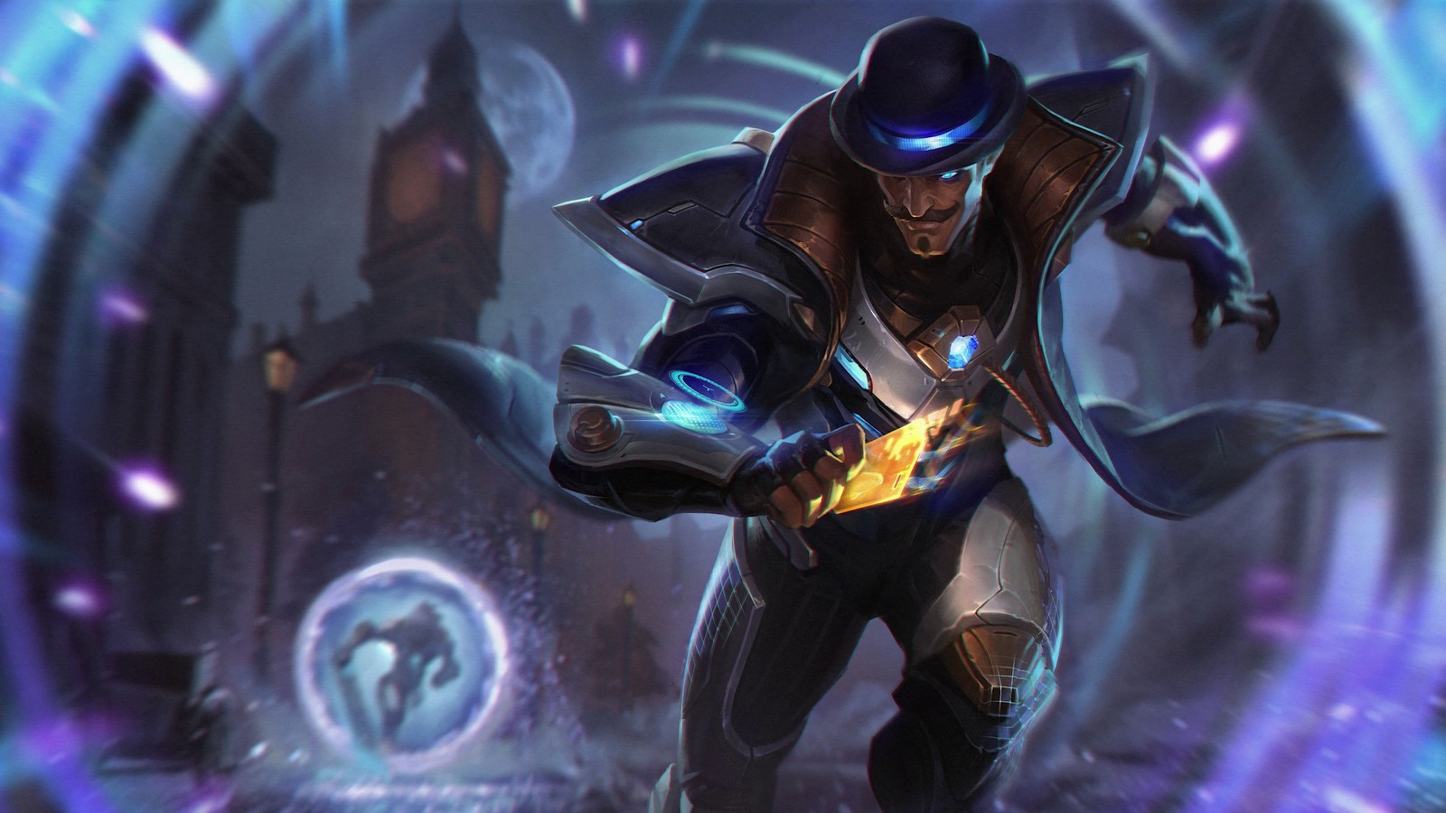 Un homme avec un chapeau bleu et une veste noire tenant un objet lumineux (league of legends, figurine articulée, jeux, jeu daventure, illustration)