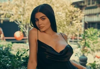 Kylie Jenner in a sleek black dress poses gracefully amidst a lush outdoor backdrop.