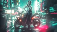 Motard cyberpunk dans la ville néon