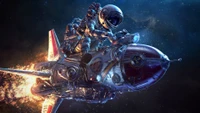 An astronaut riding a futuristic rocket through the vibrant depths of outer space.