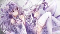 Emilia aus Re:Zero, elegant posiert mit fließendem Haar und zartem Outfit, das eine mystische Aura ausstrahlt.