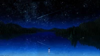 anime, noche, cielo, estrellas, lago