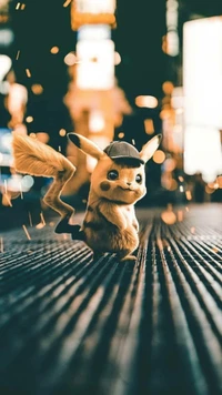 Pikachu in a vibrant cityscape