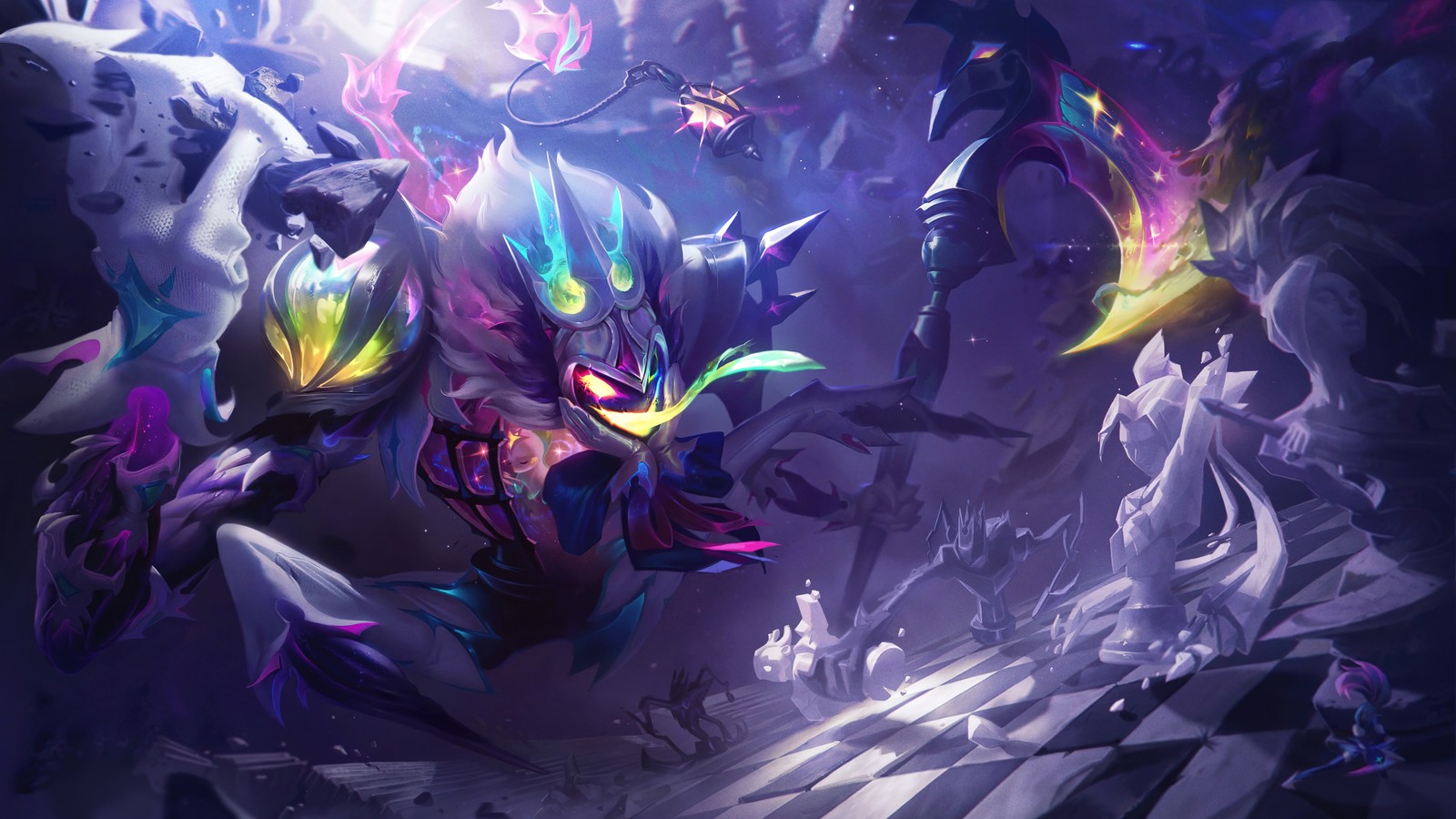 A close up of a demonic creature with glowing eyes and a glowing face (lol, star nemesis, fiddlesticks, skin, splash art)