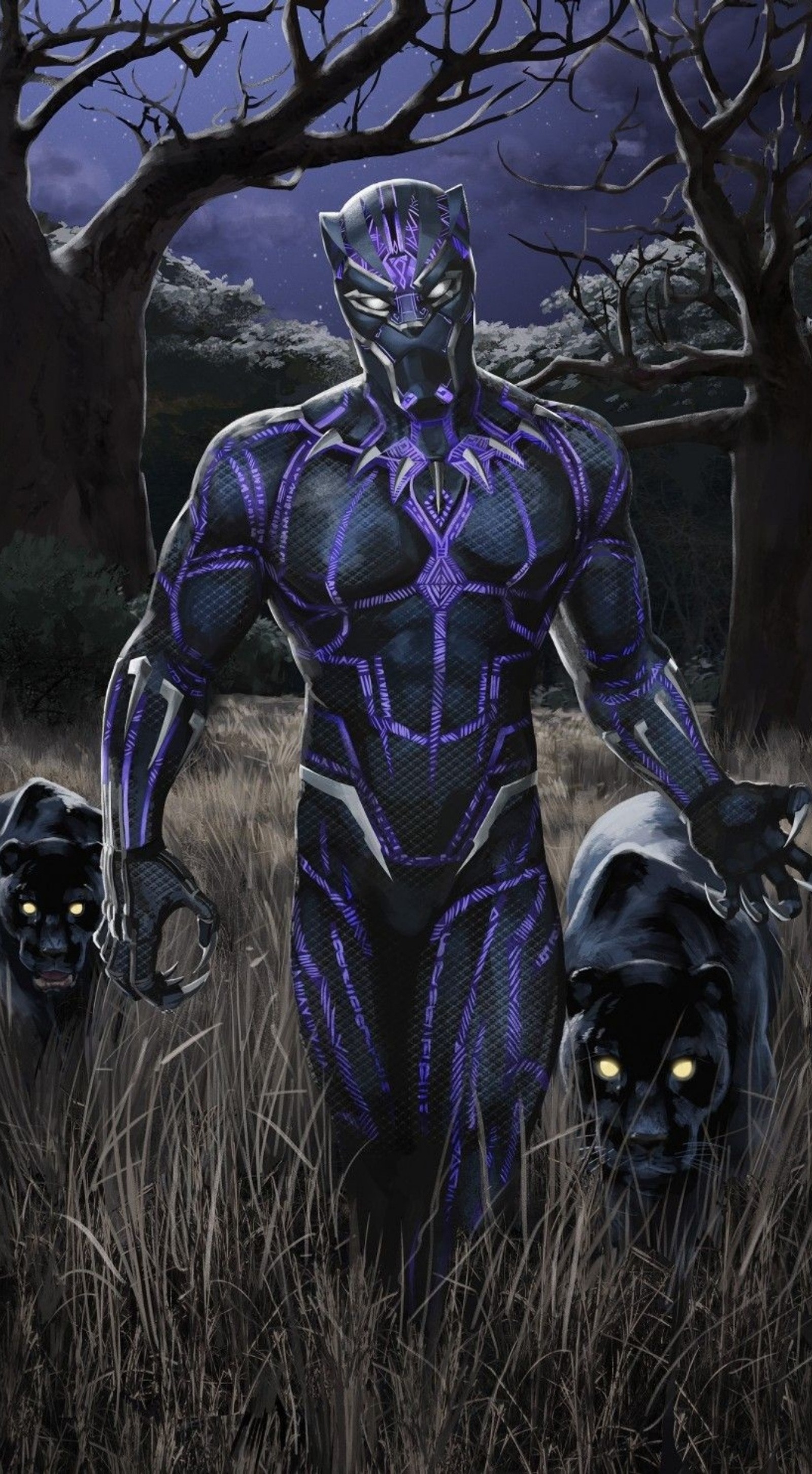 A painting of a man in a purple suit walking through a field (black, panter)