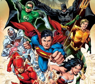 DC Superhelden Vereinen Sich: Aquaman, Batman, Cyborg, Flash, Green Lantern, Superman und Wonder Woman