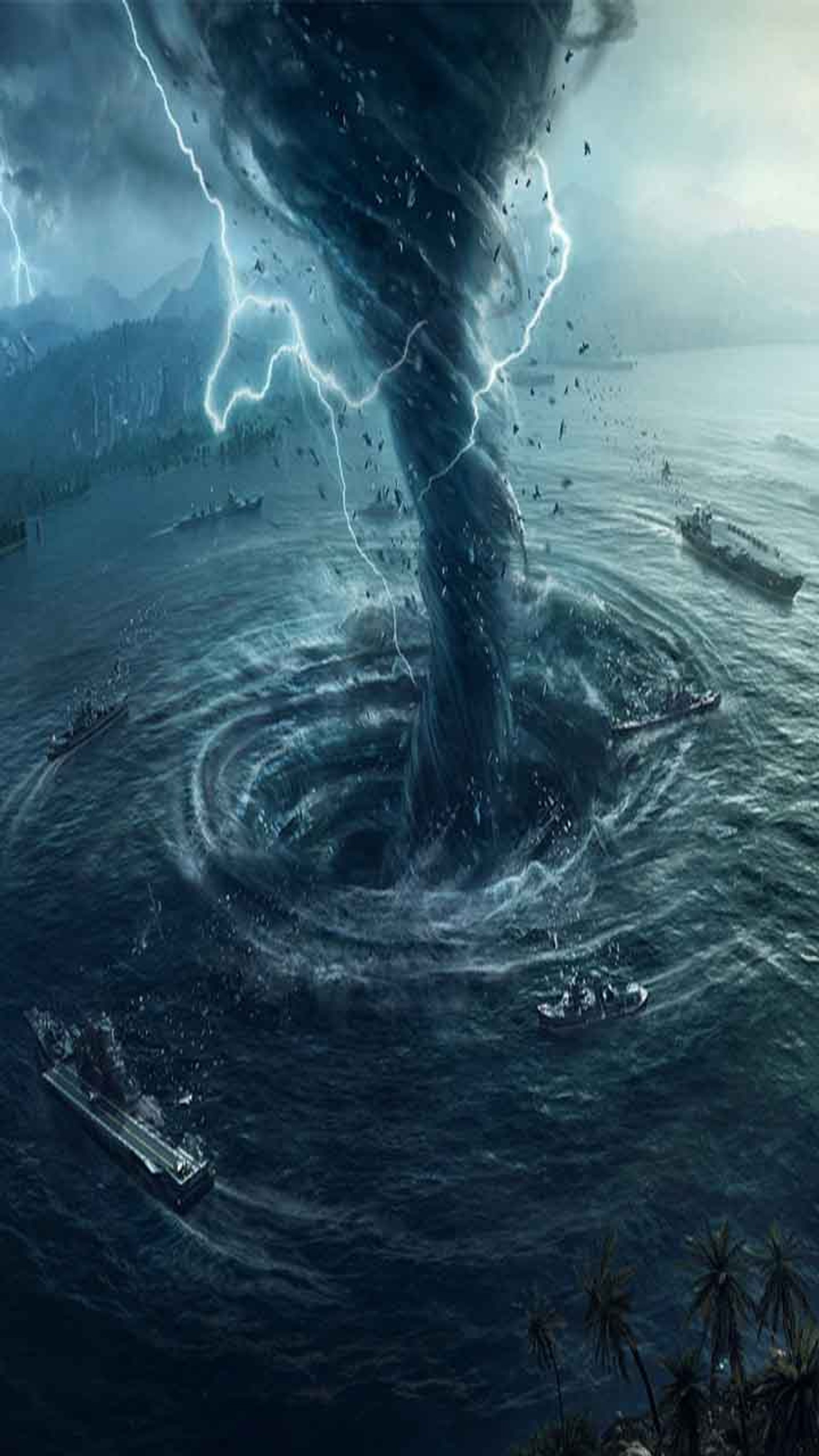 Imagem de uma tempestade no oceano com navios ao fundo (ciclone, mar, água)