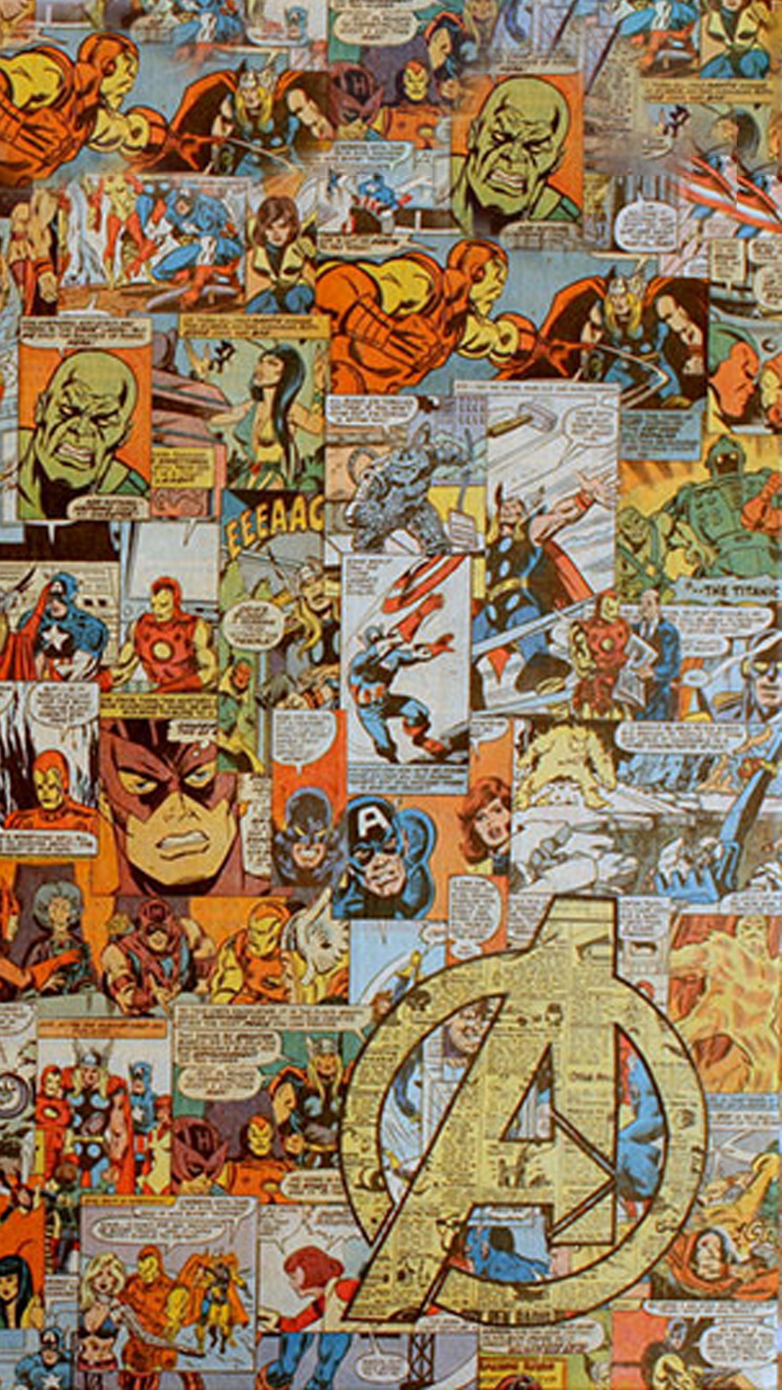 Cómics de los vengadores en collages en una pared con un inodoro (vengadores, avengers, cómic, logotipo, marvel)