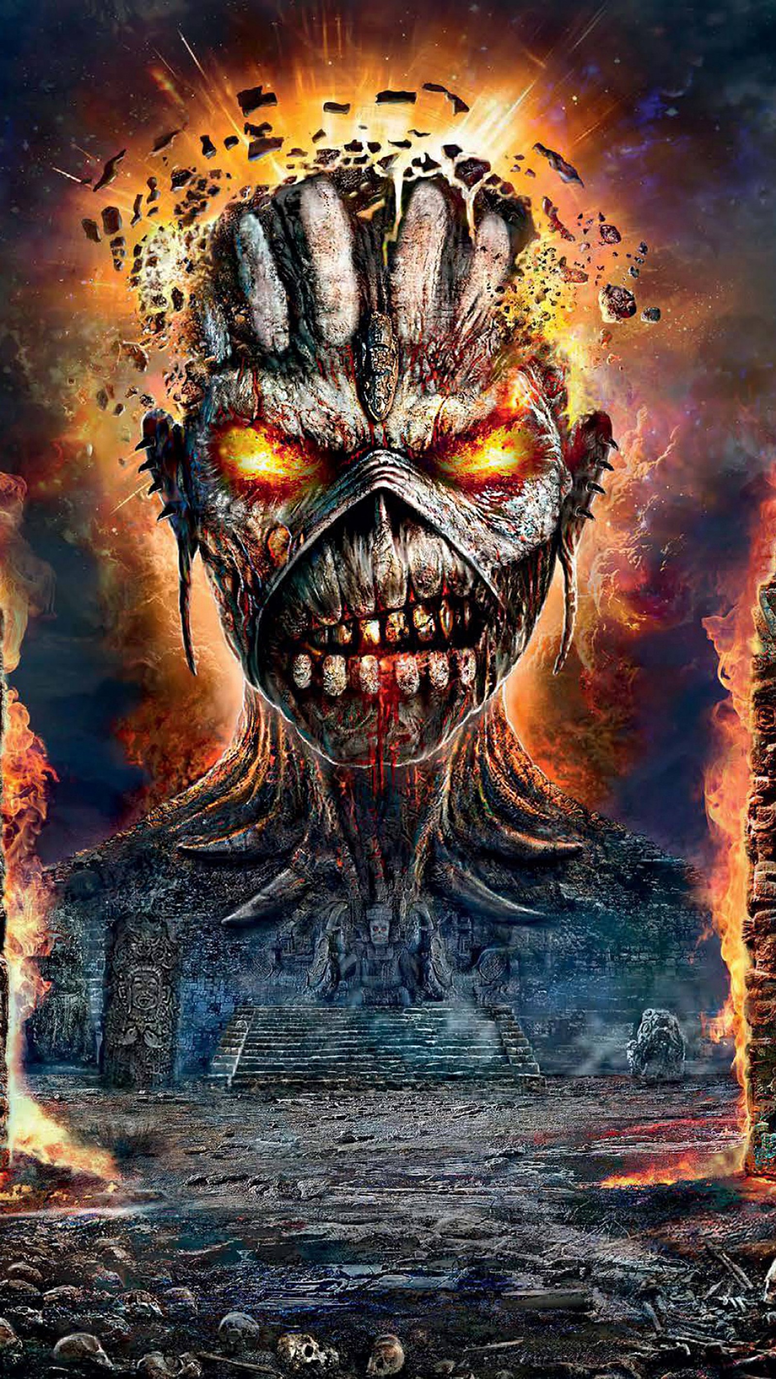 A poster of a demonic looking creature with glowing eyes and a fire (band, eddie, entertainment, heavy, iron)